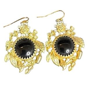 Georgian Revivalist Black Scroll Floral Pearl Gold Tone Dangle Hook Earrings​